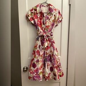Eliza J Floral Belted Shirt Dress 8 White Knee Length Pleated Short Sleeve #6312
